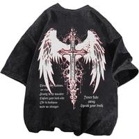Vintage Goth Punk Shirts for Men Streetwear Oversized T-shirts Gothic Cross Y2k Graphic Tees Acid Wash T Shirt