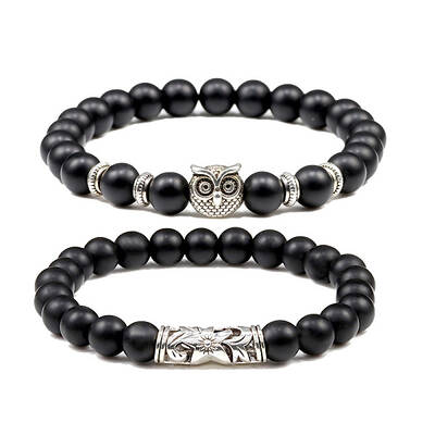 2Pcs Couple Alloy Star Owl & Synthetic Turquoise Stretch Bracelets Sets