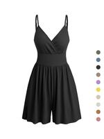 Women's Plain Backless Cami Romper, Casual Wrap Spaghetti Strap Wide Leg Romper for Summer, Back To School Summer Clothes Wo...