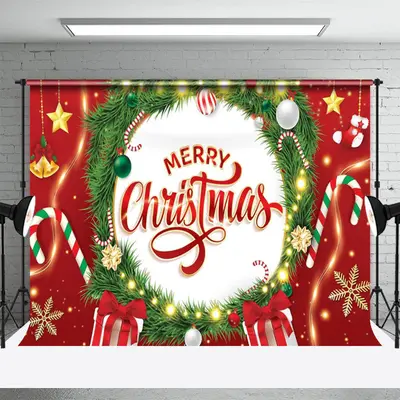 Glitter Light Green Wreath Red Christmas Backdrop - Aperturee