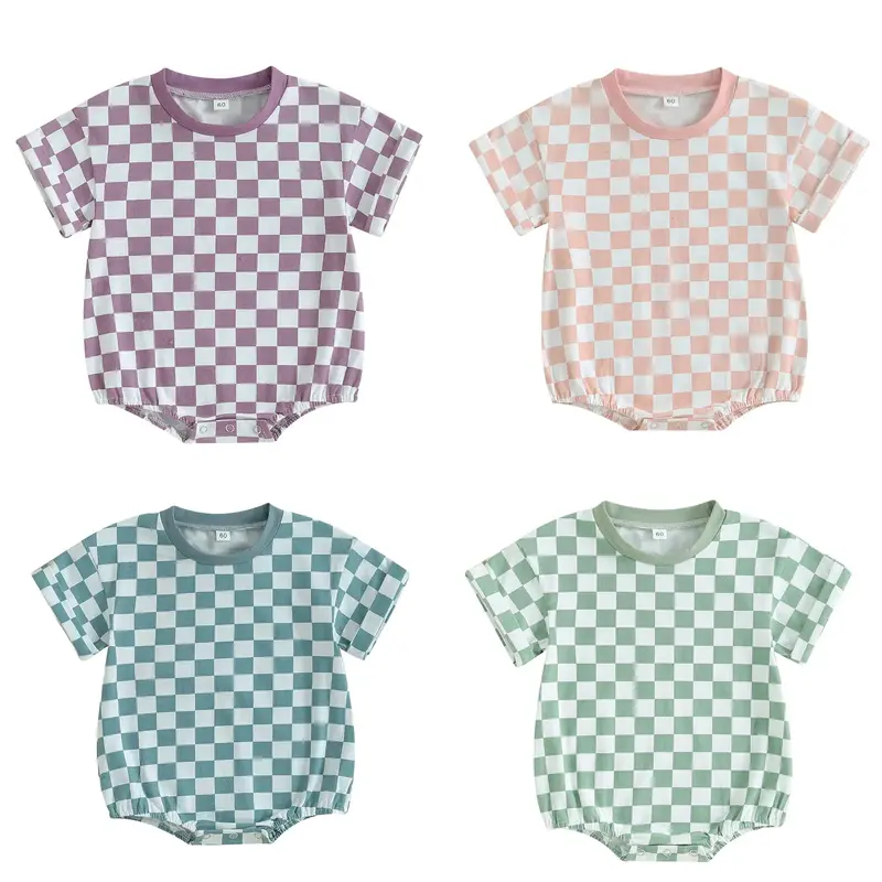Infant Baby Boy Girl Summer Clothes Checkered Bubble Romper Oversized Short Sleeve Romper Newborn Summer Outfit