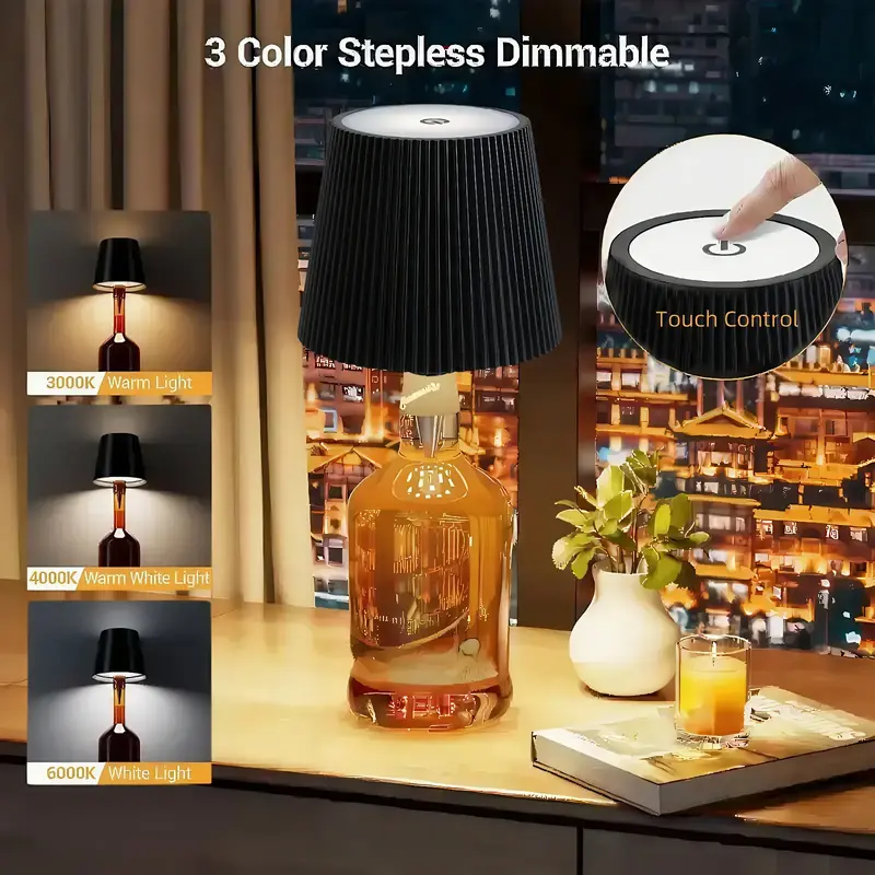 Wireless Wine Bottle Lamp, LED Rechargeable Light, Stepless Dimmable Table Lamp, 3 Color Temp, Bedroom Restaurant Bar Outdoor...