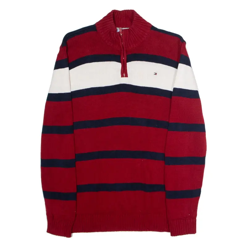 TOMMY HILFIGER Womens Patterned Jumper Red Striped 1/4 Zip Tight Knit XL