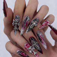 Cross Rhinestone Decor Fake Nails with 1 Nail File & 1 Sticker Sheet, 24pcs/set Long False Nails for Women & Girls, Effortles...