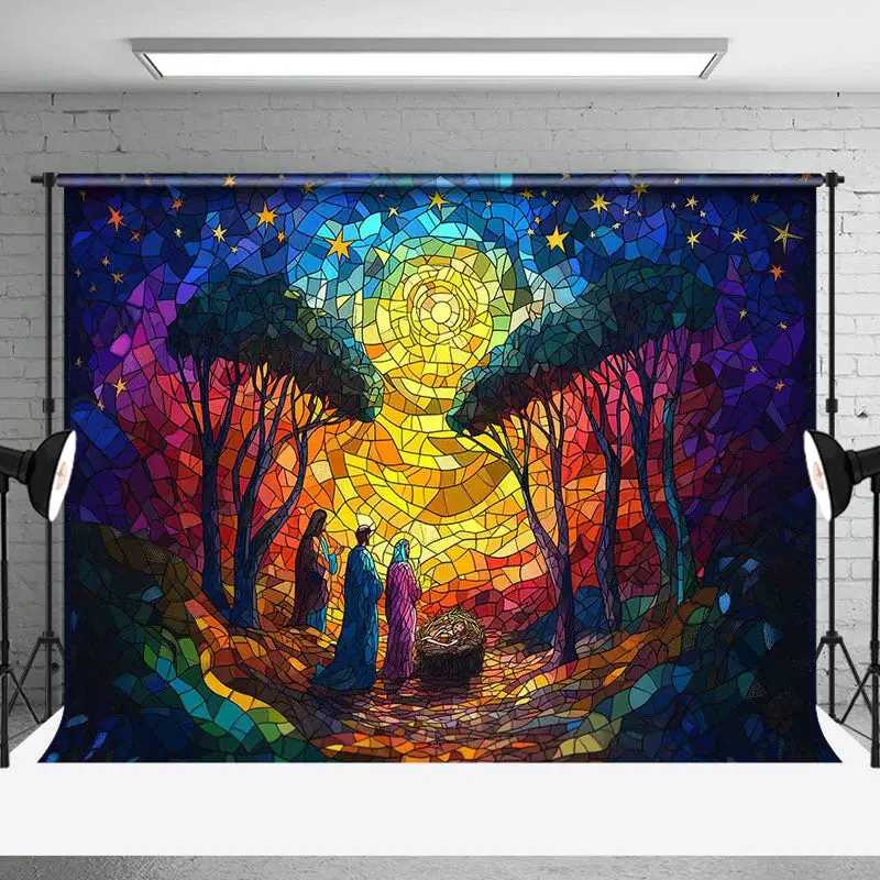 Starry Stained Glass Nativity Christmas Backdrop - Aperturee