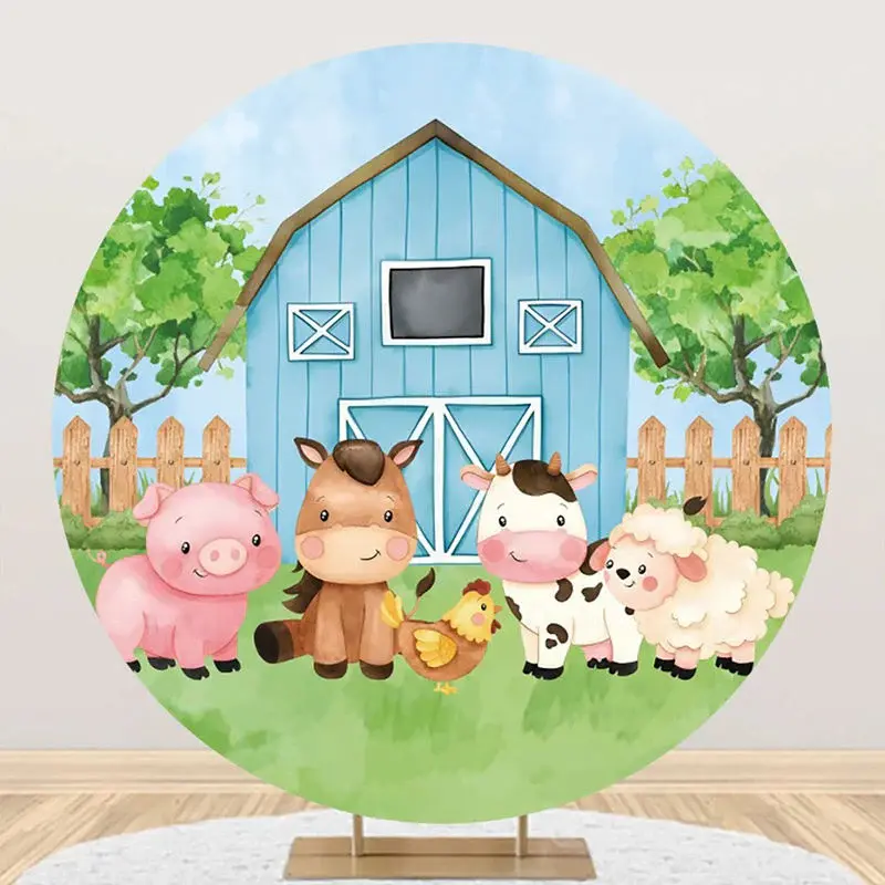 Blue Barn Animals Grass Tree Round Birthday Backdrop - Aperturee