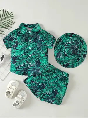 Boys' All Over Leaf Print Button Front Shirt & Elastic Waist Shorts & Hat & Bow Tie Set, Casual Short Sleeve Collared Top & S...