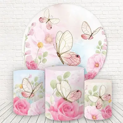 Aperturee Pink Floral And Butterfly Round Birthday Backdrop Kit | Custom Round Backdrop | Round Backdrop Stand Covers | Circl...