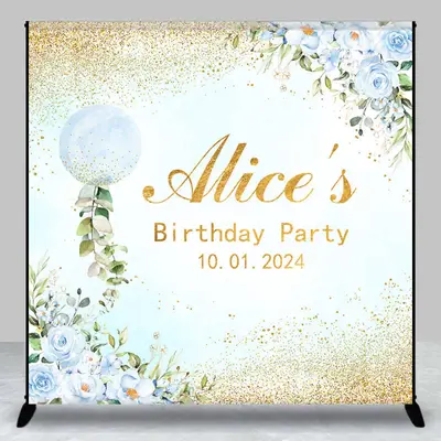 Blue Floral Bubble Gold Custom Birthday Backdrop - Aperturee