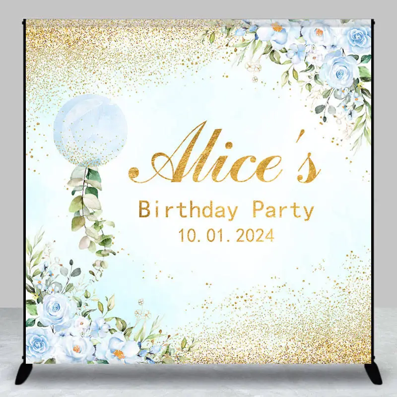 Blue Floral Bubble Gold Custom Birthday Backdrop - Aperturee