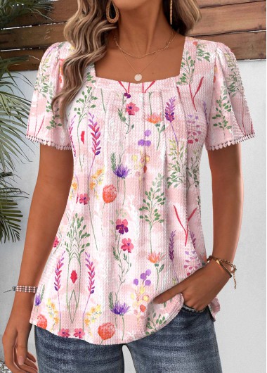 Modlily Light Pink Floral Print Pleated Short Sleeve T Shirt - XL