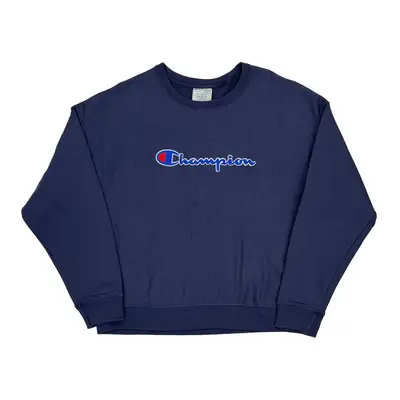 Reverse Weave Champion Spellout Sweatshirt - 2XL Blue Cotton Blend