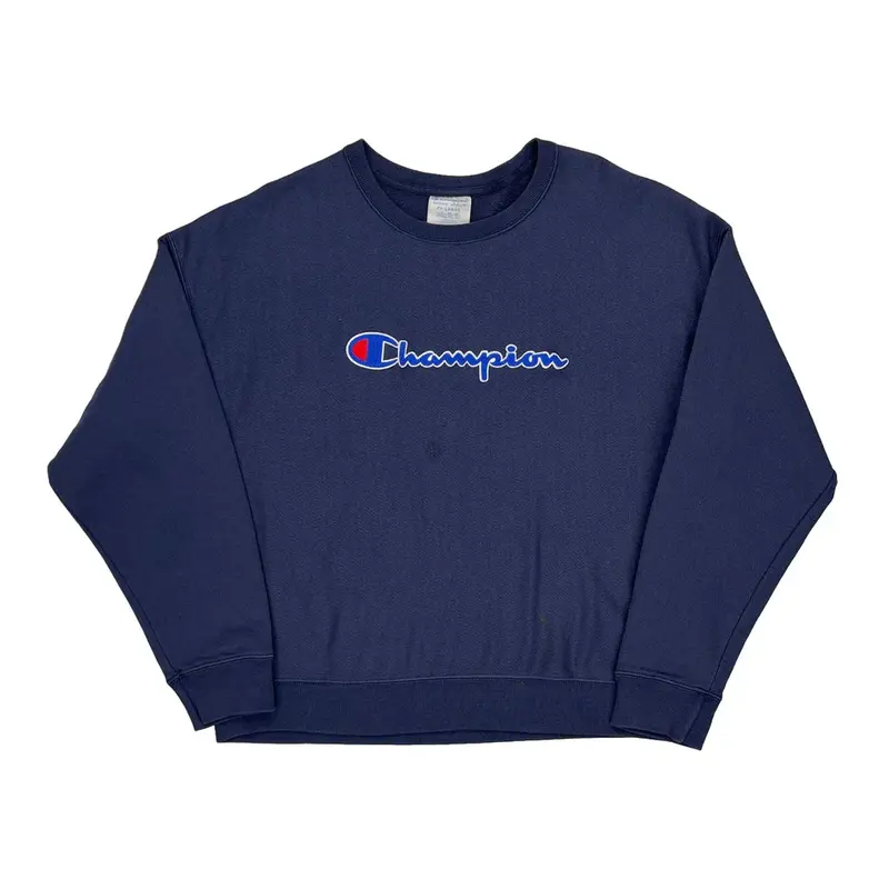 Reverse Weave Champion Spellout Sweatshirt - 2XL Blue Cotton Blend