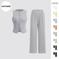 KatchMe Women's Casual Solid Color Sleeveless Button-Up Slim Tank Top & Wide Leg Trousers Co-ord, Minimalist Two Piece Outfit...
