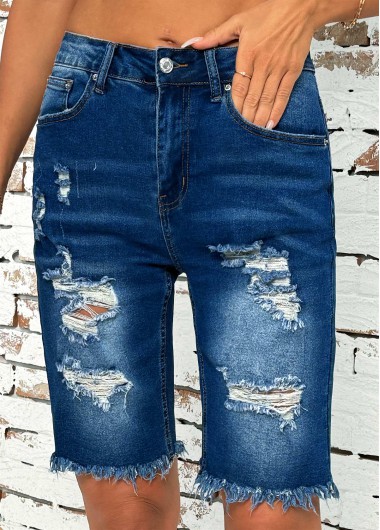 Modlily Denim Blue Button Fly High Waisted Shorts - S