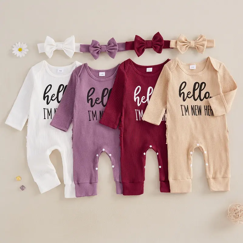 Baby Girl Clothes I'M NEW HERE Romper Jumpsuit Ribbed Long Sleeve Sleeper Baby Necessities Coming Home Outfit