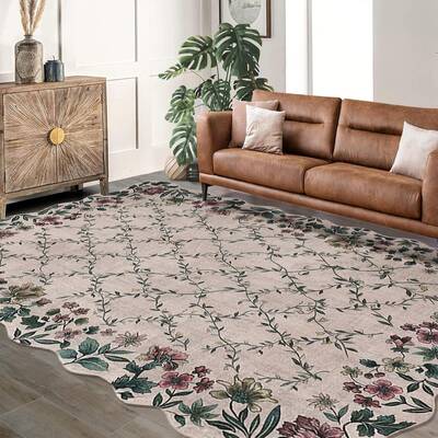 Garvee Floral Irregular Edge Carpet Non Slip Washable Boho Vintage Entry Rug 8x10ft Khaki