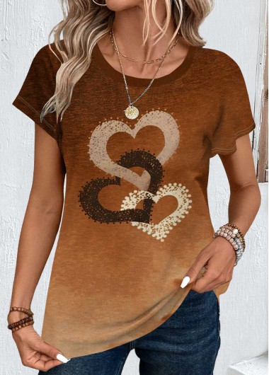 Modlily Dark Coffee Ombre Short Sleeve Round Neck T Shirt - XL