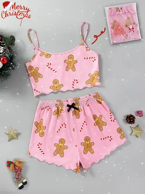 Two Pieces Women's Halloween Themed Matching Pajama Set, Chic Cartoon Print Cami Top & Bow Pj Shorts Loungewear Set for Fall,...