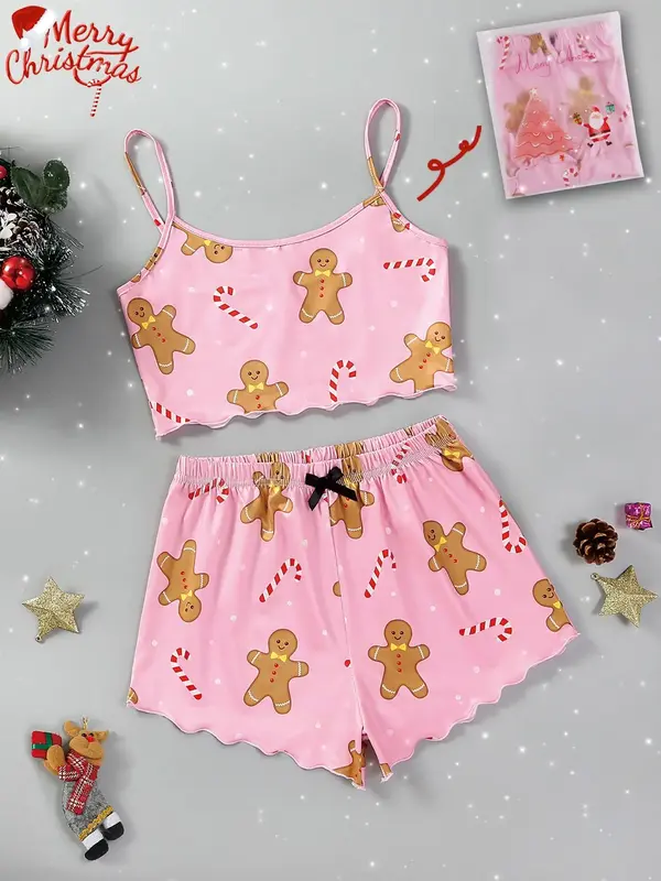 Two Pieces Women's Halloween Themed Matching Pajama Set, Chic Cartoon Print Cami Top & Bow Pj Shorts Loungewear Set for Fall,...