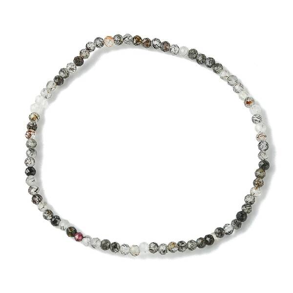 2mm Natural Tourmalinated Quartz Faceted Round Beaded Stretch Bracelets for Women