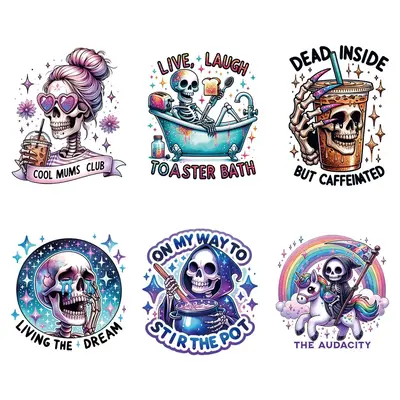Cartoon Skull Pattern Heat Transfer Sticker, 6 Counts/set Transparent Heat Transfer Sticker, DIY Decoration for T-shirt, Jack...