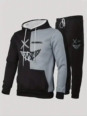 Two-piece Set Men's Colorblock Print Hoodie & Drawstring Waist Sweatpants Set, Regular Fit Casual Pocket Long Sleeve Hooded S...