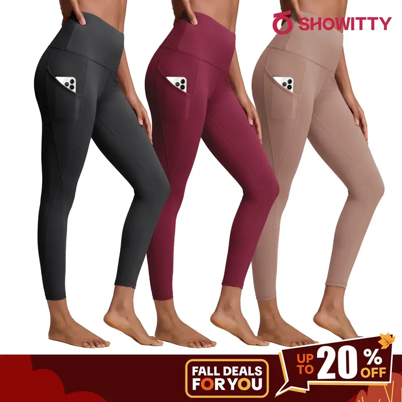 SHOWITTY Women's High Waisted Tummy Control 3 Pack Leggings with Pockets – Not See-through Stretchy Yoga Pants for Daily We...