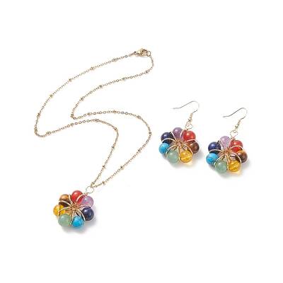 Natural & Synthetic Mixed Gemstones Flower Dangle Earrings and Pendant Necklace