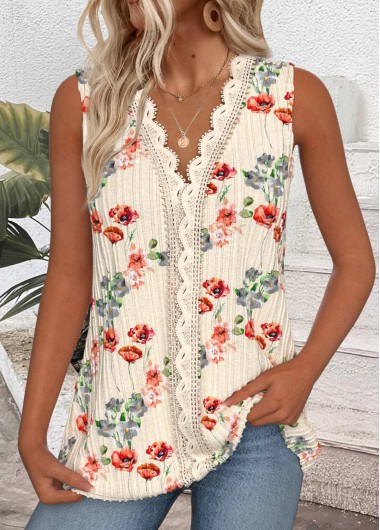Modlily Beige Embroidery Floral Print Sleeveless V Neck Tank Top - XXL