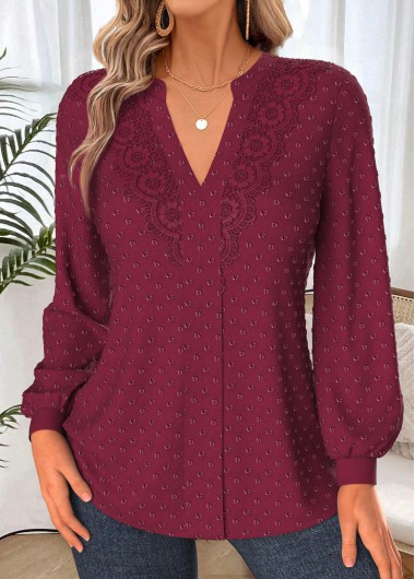 Modlily Wine Red Tummy Coverage Long Sleeve Split Neck Shirt - L