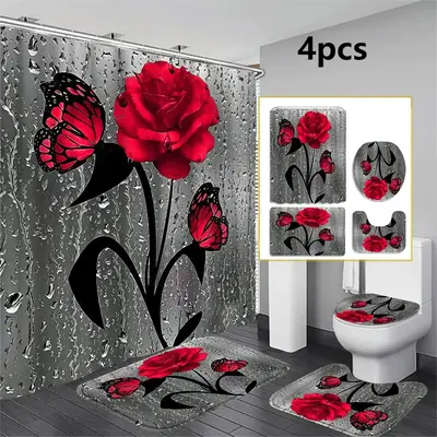 Rose & Butterfly Pattern Bathroom Decor Set, 1 Count/4 Counts Modern Waterproof Bathroom Shower Curtain with 12pcs Hooks, Bat...