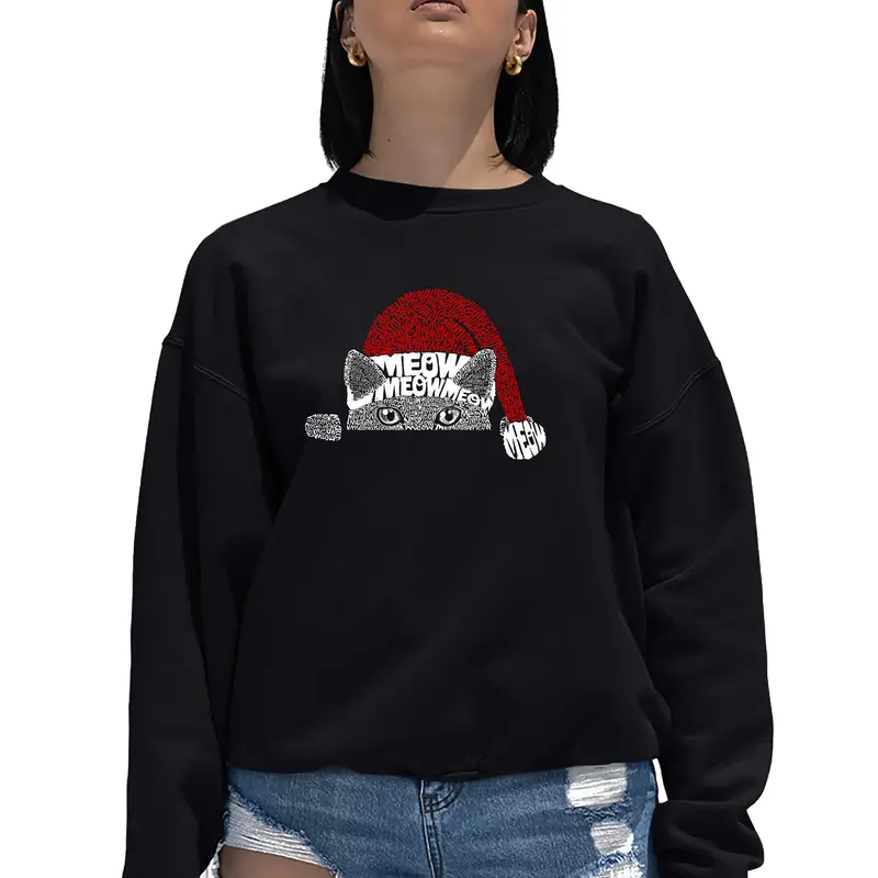 Christmas Peeking Cat - Women's Word Art Crewneck Sweatshirt - Purple - Small