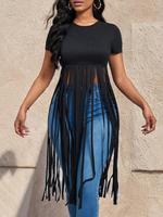 Women's Plain Fringe Trim Tee, Casual Long Sleeve T-shirt for Summer, Women's Top for Daily Wear