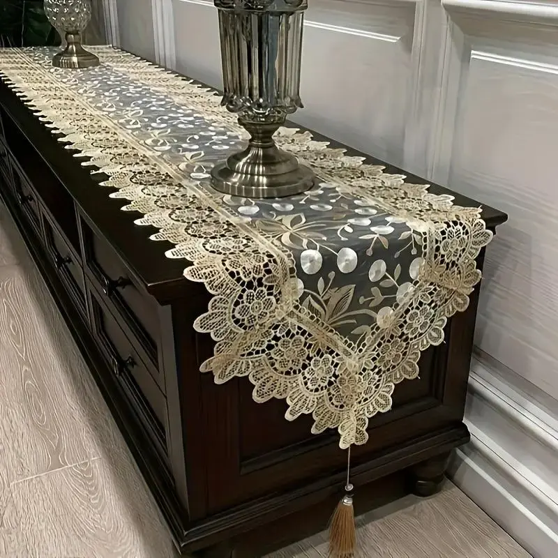 Floral Lace Table Runner, Dustproof Modern Table Cover with Tassel Decor, Decorative Tablecloth for Home Dining Room