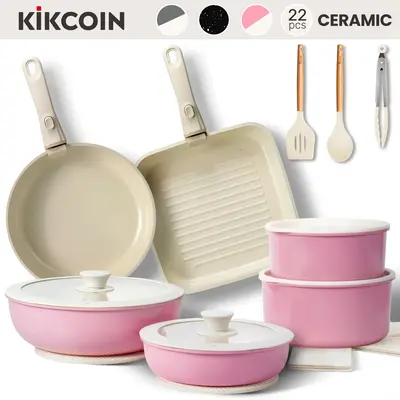 [Game-changer]Kikcoin Non-Toxic Nonstick Ceramic Pro 22pcs pots and pans set complete Cookware Set with Lids,Detachable Handl...