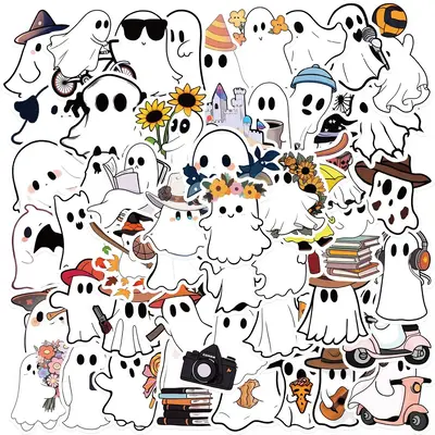 Ghost Series Sticker, 50pcs/set Cute Ghost Patterned Decorative Sticker, DIY Decals for Water Bottle, Laptop, Phone Case, Scr...