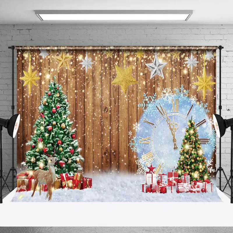Aperturee Wooden Xmas Tree Elk Snowy Clock Christmas Backdrop - Aperturee
