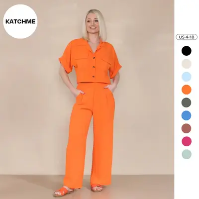 KatchMe Women's Casual Button Front Flap Pocket Blouse & Wide Leg Trousers Co-ord, Crop Short Sleeve Shirt & High Waist Pants...