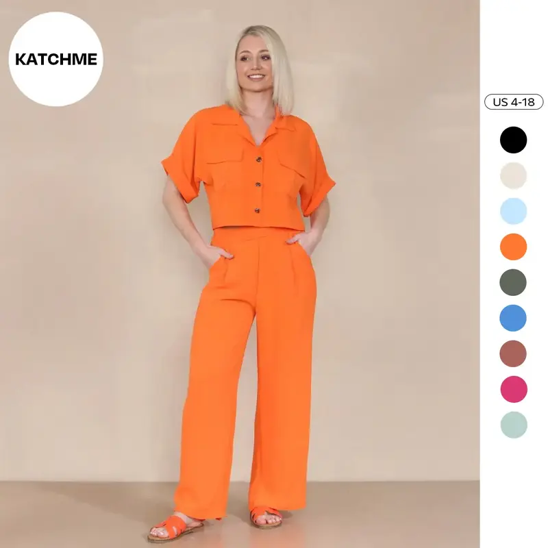KatchMe Women's Casual Button Front Flap Pocket Blouse & Wide Leg Trousers Co-ord, Crop Short Sleeve Shirt & High Waist Pants...