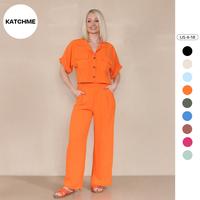 KatchMe Women's Casual Button Front Flap Pocket Blouse & Wide Leg Trousers Co-ord, Crop Short Sleeve Shirt & High Waist Pants...