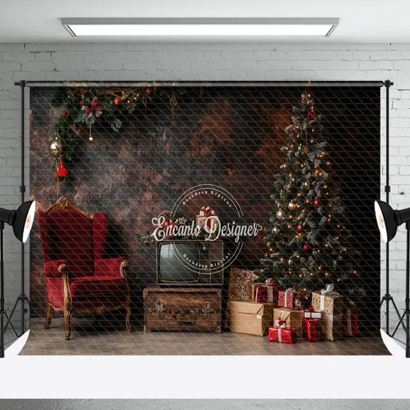 Antique Tv Red Chair Pine Tree Christmas Backdrop - Aperturee