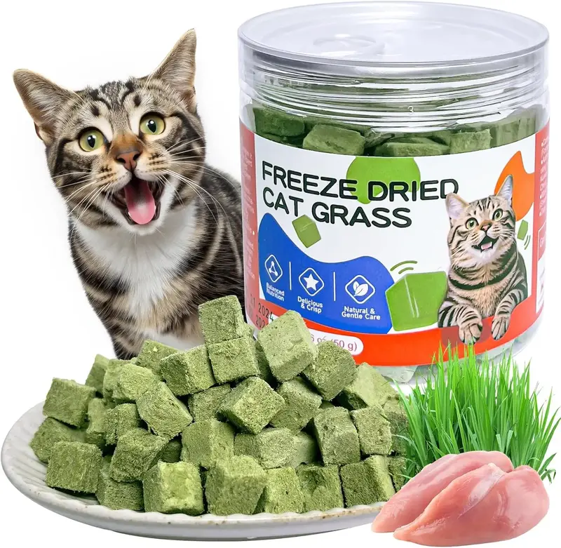 Freeze-Dried Cat Grass Treats with Premium Gourmet Blend - Natural Hairball Control & Gut Health Support for Cats (Chicken Br...