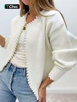 Women's Solid Faux Pearl Decor Drop Shoulder Cardigan, Casual Long Sleeve Open Front Knitwear for Fall & Winter, Fashion Wome...