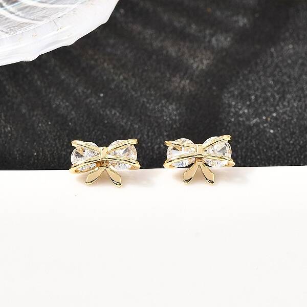 Bowknot Brass Micro Pave Clear Cubic Zirconia Stud Earrings