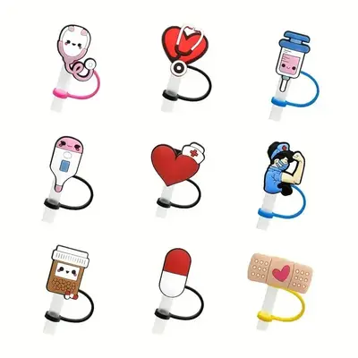 Cute Cartoon Straw Cap, 9/10/11pcs Reusable Silicone Straw Cover for Dust-Proof Drinking Lids, Perfect Summer and Winter Drin...