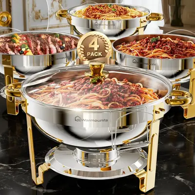 WARMOUNTS Chafing Dish Buffet Set, Glass Lid 5QT 4 Pack Gold Accent Stainless Steel Chafers and Buffet Warmers Sets with Lid ...