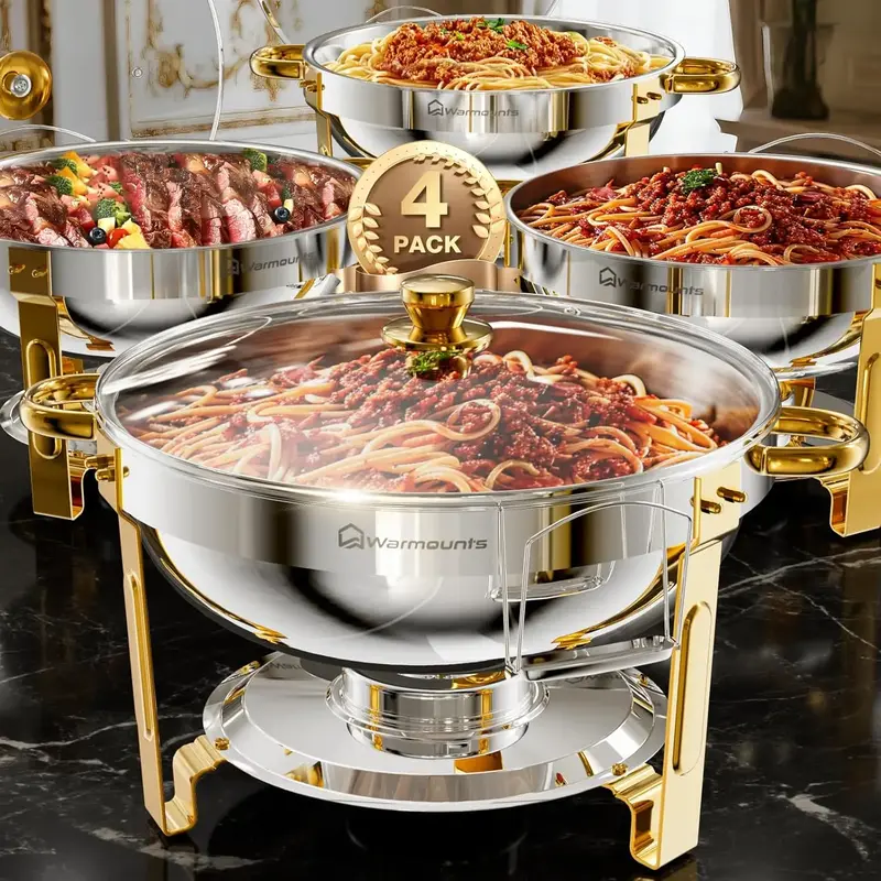 WARMOUNTS Chafing Dish Buffet Set, Glass Lid 5QT 4 Pack Gold Accent Stainless Steel Chafers and Buffet Warmers Sets with Lid ...