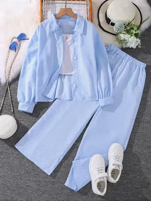 Two-piece Set Girl's Striped Print Button Front Blouse & Wide Leg Pants Set, Elegant Long Sleeve Collared Top & Trousers for ...
