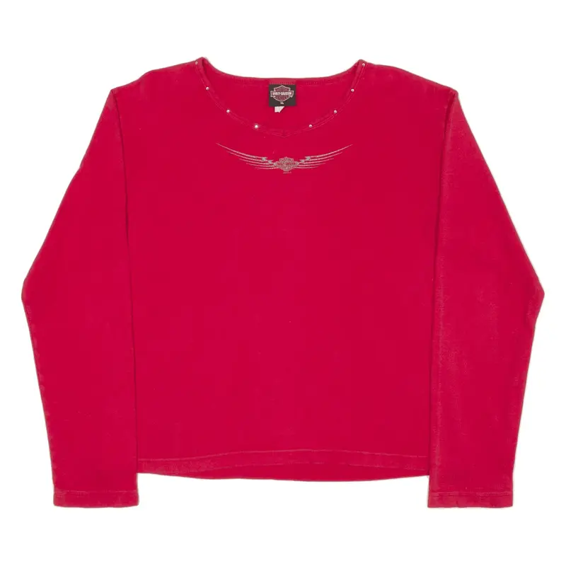 HARLEY DAVIDSON Daytona Rhinestone Biker T-Shirt Red V-Neck Long Sleeve Womens XL